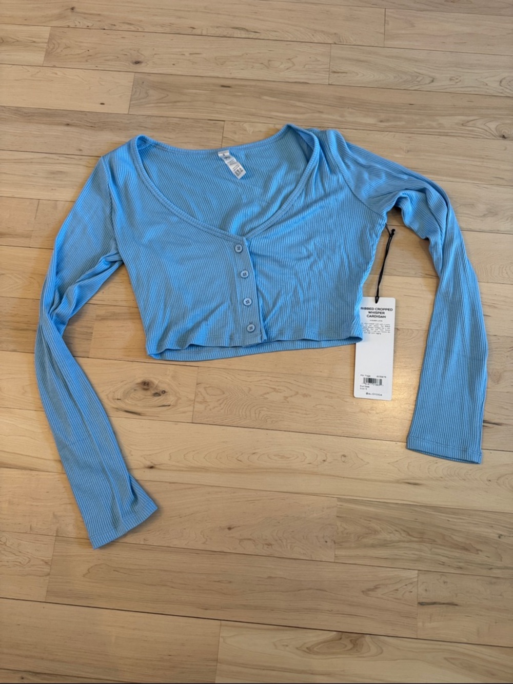 ALO Yoga Ribbed Cropped Whisper Shirt Top L/S Cardigan-Blue Skies-New-S-Athletic - Picture 2 of 8
